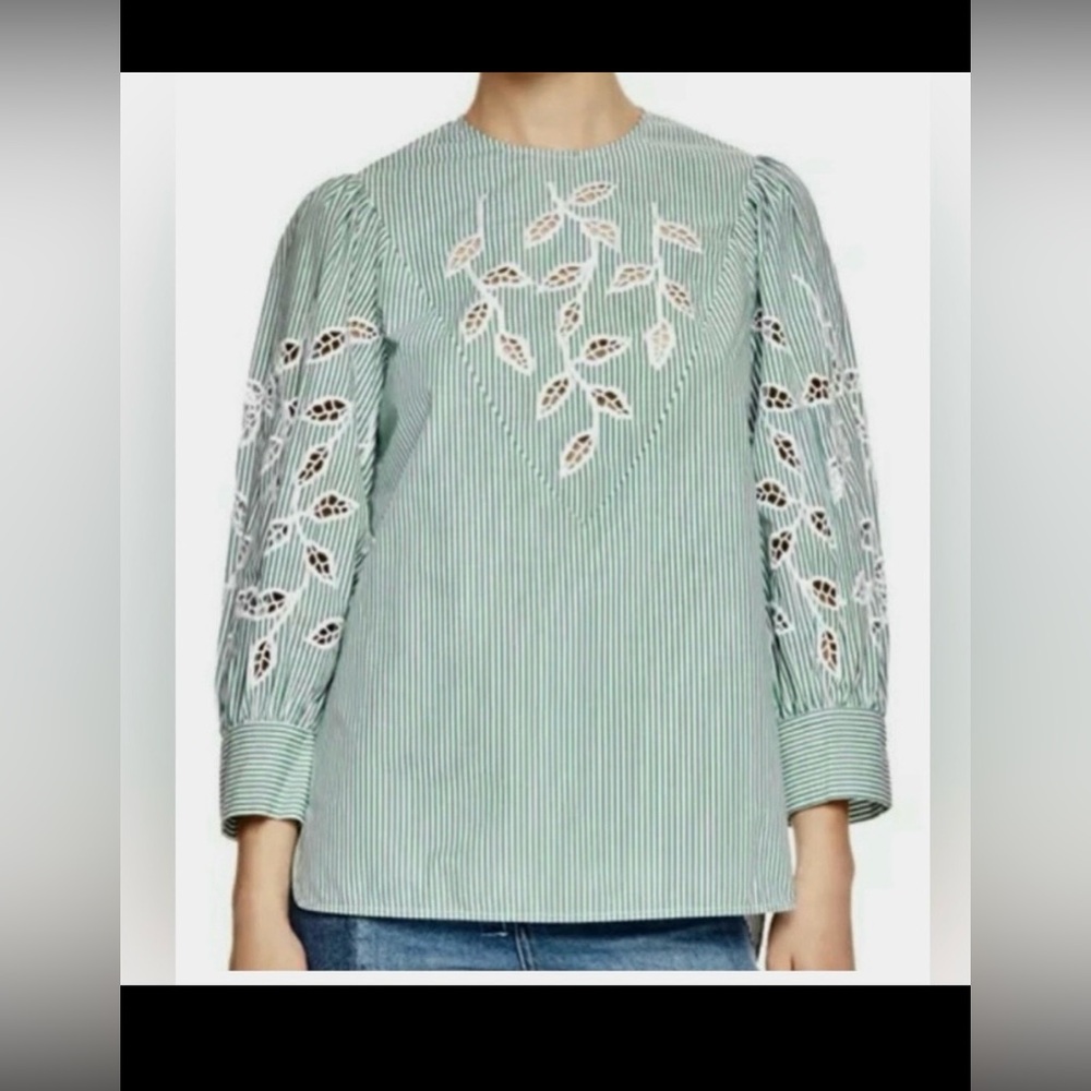 Sandro Paris Pullover Blouse Cotton Green Stripes Embroidered Leaves White Sz. M